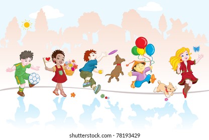 Vector illustration, group of kids playing, cartoon concept, similar images in portfolio.