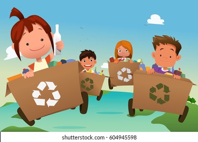 A vector illustration of Group of Kids Recycling Trash