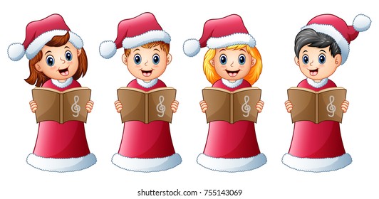 Vector illustration of Group of kids in red santa costume singing christmas carols