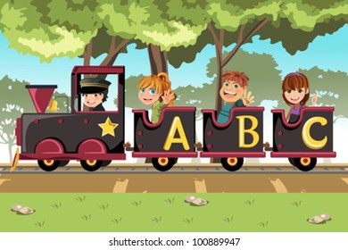 A vector illustration of a group of kids riding an alphabet train