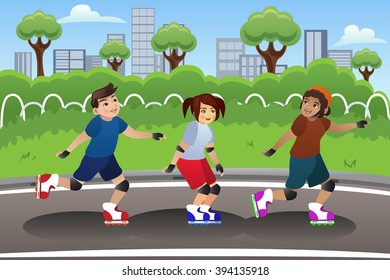 A vector illustration of a group of kids rollerblading outdoor