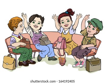 Vector illustration, group of kids sitting on a bench, cartoon concept, white background.