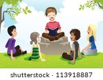 A vector illustration of a group of kids studying bible
