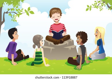 A vector illustration of a group of kids studying bible