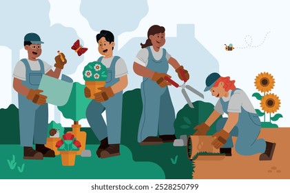 Vector illustration of a group of landscapers gardening. One is holding a blueprint, another a potted plant, while others are pruning and laying turf outdoors.