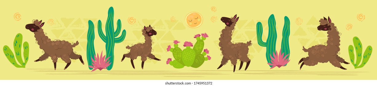Vector illustration of group of llamas situated between different cactus. Picture of  shining desert. 