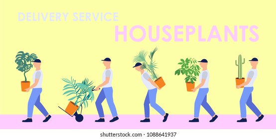 Vector illustration group of longshoremen carrying houseplants in pots. Concept of flower business, fast delivery, workers of express service