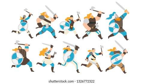 Vector illustration of a group of male and female viking warriors running with axes, swords and blue and white shields. Isolated on white background, full editable.