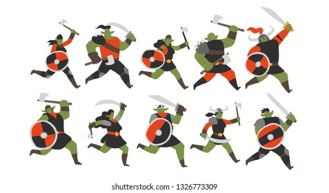 Vector illustration of a group of male and female orc warriors running with swords, axes and red and black shields. Isolated on white background. Fully editable 