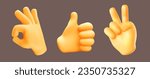 Vector illustration of group male hand gesture sign ok, thumb up and sign v with finger on dark color background. 3d mesh style emoji design of set of different man hand gesture for web, banner