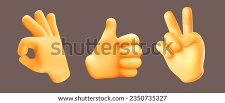 Vector illustration of group male hand gesture sign ok, thumb up and sign v with finger on dark color background. 3d mesh style emoji design of set of different man hand gesture for web, banner 商業照片 © 