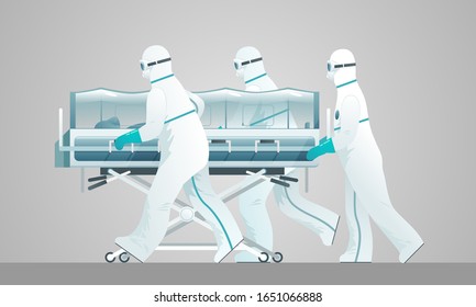 The vector illustration of a group of medics in white protective coveralls they are transporting a patient in a transport stretcher trolley with a biological isolation chamber.