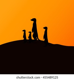Vector illustration group meerkats watching the sunset  Silhouette meerkat 