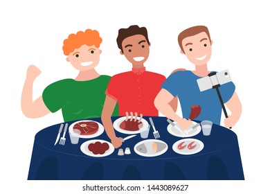 Vector Illustration of Group of Men are Making Selfie in Restaurant. Healthy Nutrition Concept of Carnivore Diet in Flat Style. Great for Poster, Banner, Wallpaper. Concept of Meat Lover 