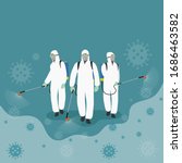 Vector illustration Group of men in protective suit spraying disinfectant  to cleaning  and disinfect virus, Covid-19, Coronavirus, preventive measure.