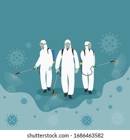 Vector illustration Group of men in protective suit spraying disinfectant  to cleaning  and disinfect virus, Covid-19, Coronavirus, preventive measure.