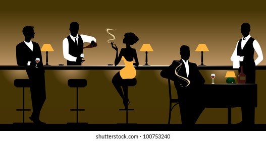 Vector illustration group men and women who rest in the night bar/Night Club & Restaurant