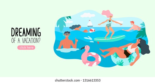 Vector illustration of a group of men and women having fun by the seaside. Creative design idea for a landing page or banner or jther promotional material.