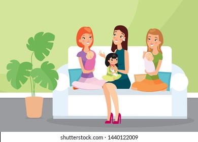 Vector illustration of group of mothers with their children. Young women friends sitting together on a sofa and talking, moms and kids, happy children, babies. Flat cartoon style.
