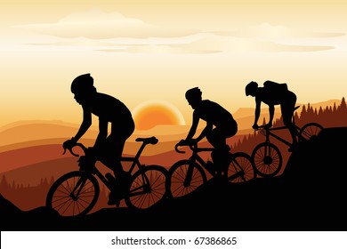 A vector illustration of a group of mountain bikers