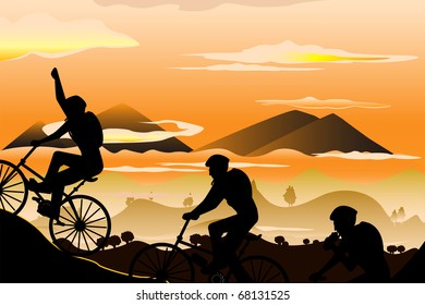 A vector illustration of a group of mountain bikers