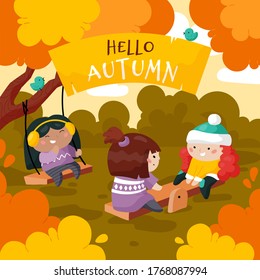A vector illustration of a group of multi-ethnic children playing outdoor