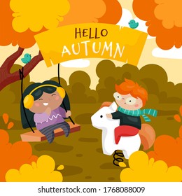 A vector illustration of a group of multi-ethnic children playing outdoor