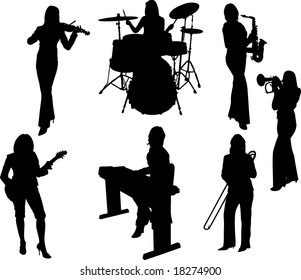 Vector Illustration: group of music girls silhouette