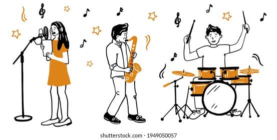 Vector Illustration Of A Group Of Musicians. Drummer, Saxophonist, Singer, Doodle Style. Hand Drawing.