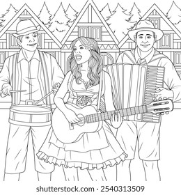 Vector illustration, a group of musicians playing at a beer festival, coloring page.