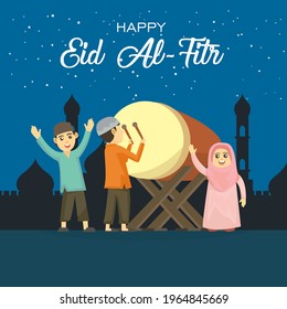 Vector illustration of a group of Muslim youths, two men and one woman wearing a hijab hitting a drum to welcome the Eid al-Fitr.