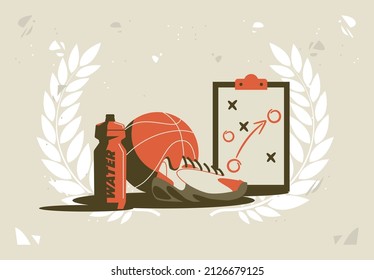 vector illustration of a group of objects for playing basketball, a basketball, a sports sneaker, a water bottle and a tablet with a tactical scheme