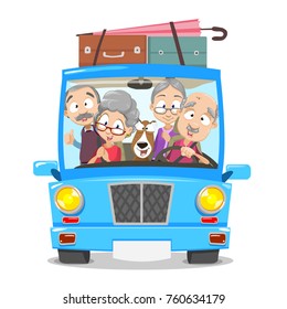 Vector illustration of group of old people traveling by car. Flat vector illustration in cartoon style. Senior friends traveling together. Isolated on white background