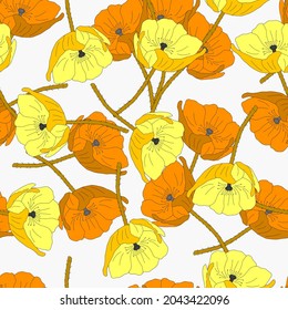 A Vector illustration of a group of orange poppy flowers isolated on a white background. Seamless pattern