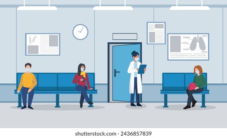 Vektor-Illustration einer Gruppe von Patienten, die in der Krankenhauslobby auf einen medizinischen Termin warten. 