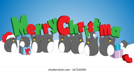 Vector illustration of a group of penguins holding up the words "Merry Christmas."