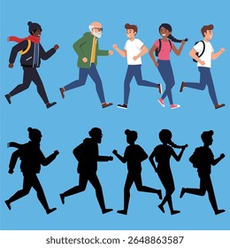 Ilustración vectorial de un grupo de personas con mochilas corriendo por la calle.
