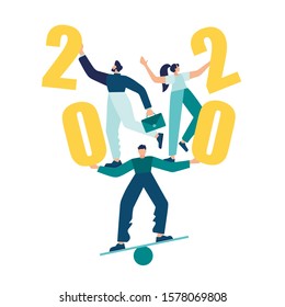 Vector illustration, a group of people balancing preparing for the New Year holding the numbers 2020 in their hands.