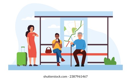 Vector illustration of a group of people at a bus stop. Cartoon scene of people waiting for transport at a bus stop: a girl with a suitcase, a grandfather with a stick, a girl looking at the phone .