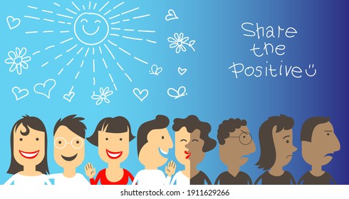 Vector illustration. A group of people in a chain shares positive things with each other. Smiles and good mood will make the world kinder. Human psychology concept