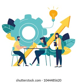 vector illustration a group of people characters are thinking over an idea. prepare a business project start up. rise of the career to success, flat color icons, business analysis  vector