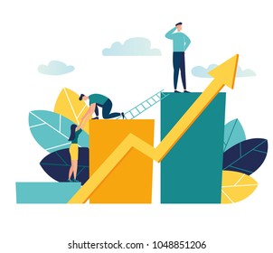 vector illustration a group of people characters are thinking over an idea. prepare a business project start up. rise of the career to success, flat color icons, business analysis  vector