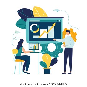 vector illustration a group of people characters are thinking over an idea. prepare a business project start up. rise of the career to success, flat color icons, business analysis  vector