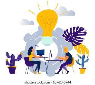 vector illustration a group of people characters are thinking over an idea. prepare a business project start up. rise of the career to success, flat color icons, business analysis