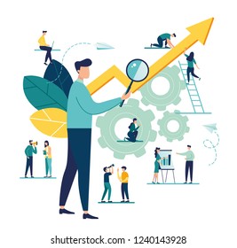 vector illustration a group of people characters are thinking over an idea. prepare a business project start up. rise of the career to success, flat color icons, business analysis 