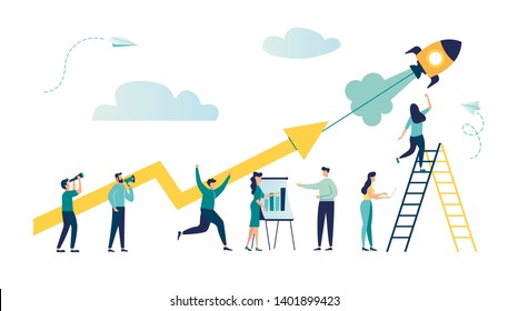 vector illustration a group of people characters are thinking over an idea. prepare a business project start up. rise of the career to success, flat color icons, business analysis vector