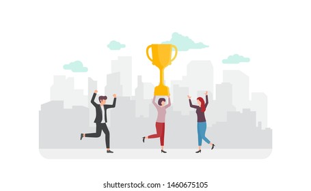 Vector illustration a group of people characters carrying tropy cup.Together achievement and winning team with trophy cup for web landing page template, banner. Flat style design.