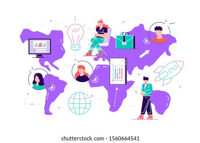 Vector illustration a group of people characters are thinking over an idea. prepare a business project start up. rise of the career to success, flat color icons, business analysis. Flat style modern.
