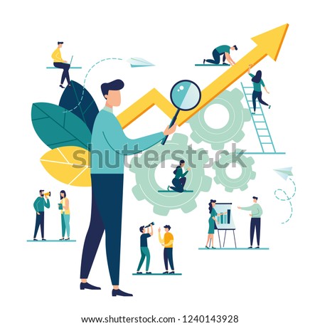 vector illustration a group of people characters are thinking over an idea. prepare a business project start up. rise of the career to success, flat color icons, business analysis 
