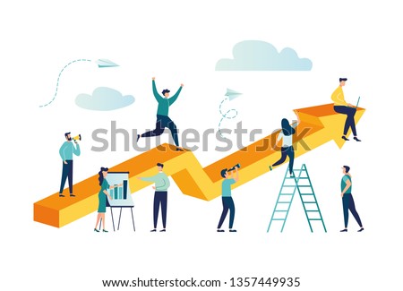 vector illustration a group of people characters are thinking over an idea. prepare a business project start up. rise of the career to success, flat color icons, business analysis - Vector 